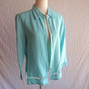 Aqua Blue Shirt Top Poetic 4 Sheer Inset Womens Buttons Top Jacket Vtg